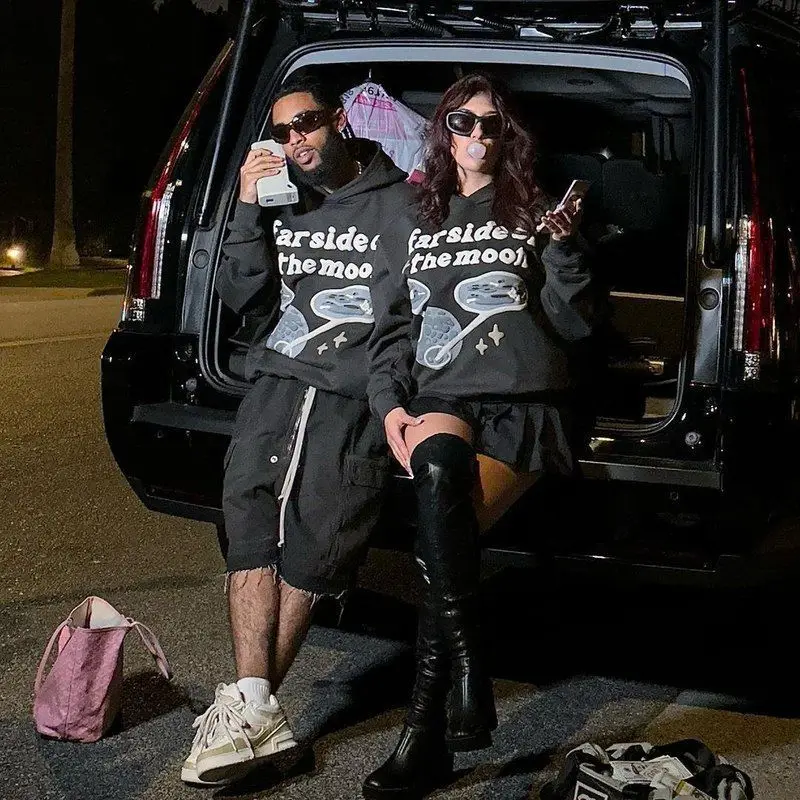 Couple's Y2K American Sle Faux Fur Hoodie Sweatirt Print High Street Casual 2023 Ro Sle A-Line Long Sve ort Dr