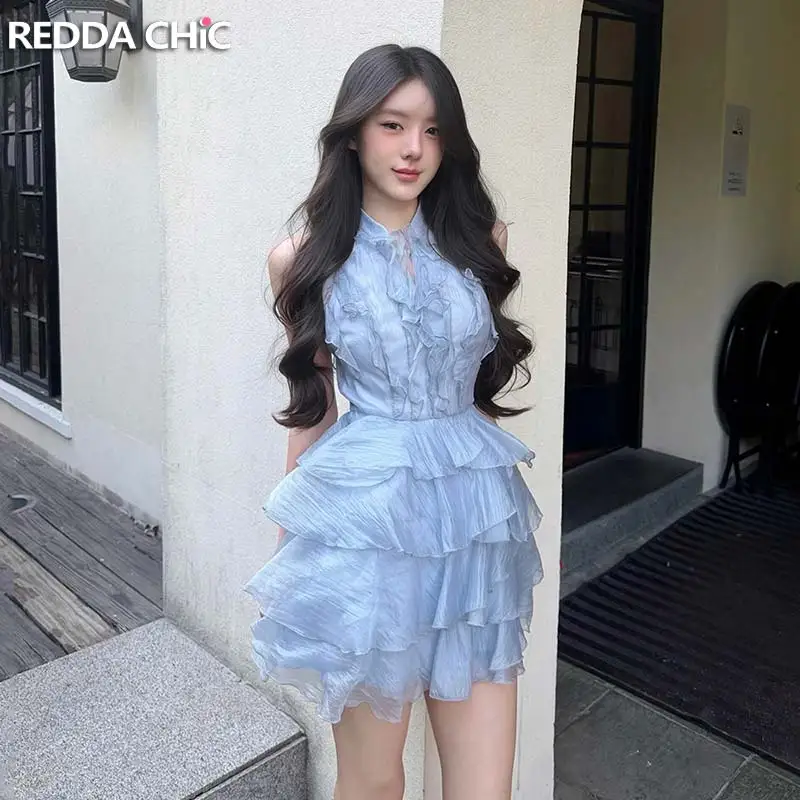 REDDACHiC Romantic Ruffle Women Cake Dress Birthday Chiffon Sleeveless Stand Collar Tank Layered Mini Dress Cute Summer Clothes