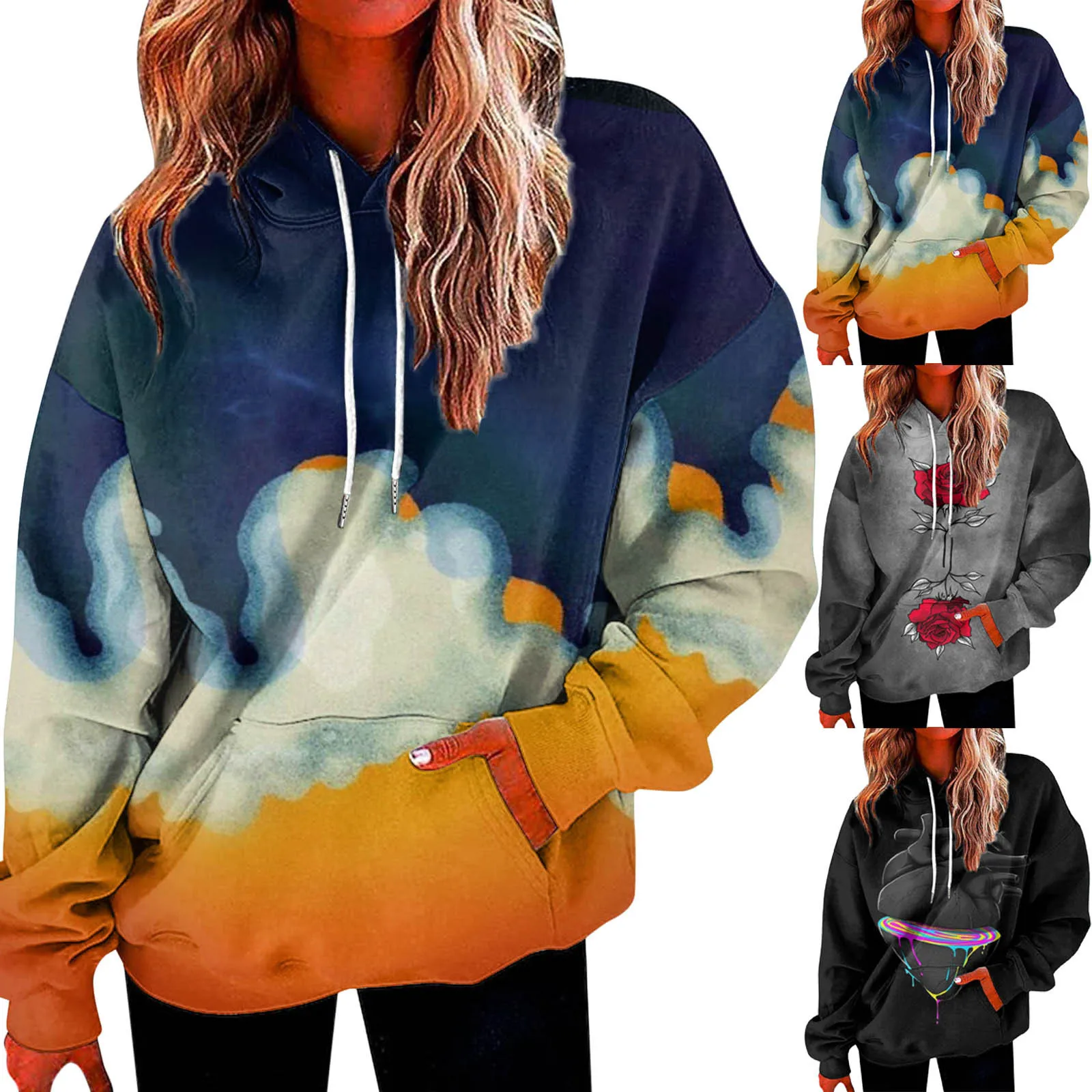 

Women's Loose Sweatshirts Hooded Long Sleeve Casual Colorful Printing Drawstring Hoodies With Pockets Fashion Pullover Tops