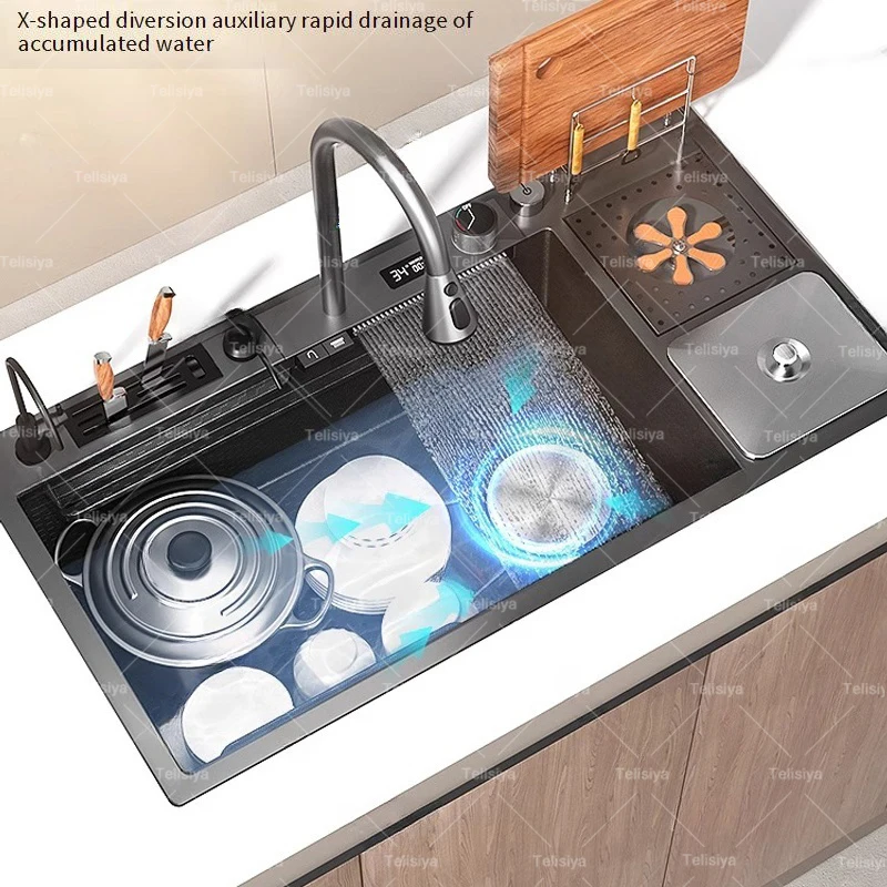 New Stainless Steel Waterfall Kitchen Sink Wash Basin Extra Large Single Bowl With knife holder And Chopping Board Rack