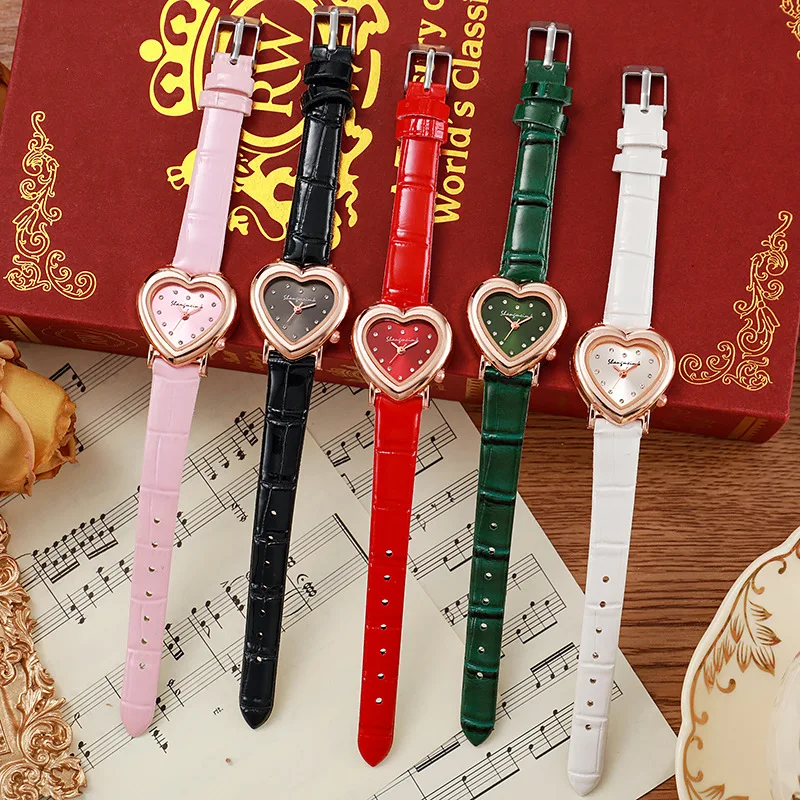 Fashion Rhinestone Heart Dial Women Watches Leather Band Quartz Watch