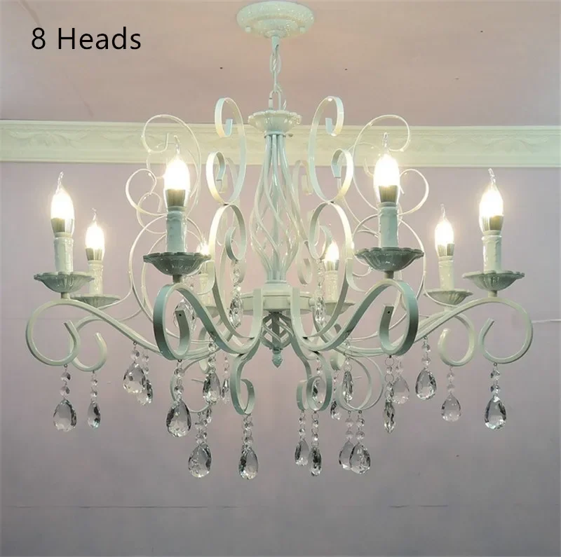 

Vintage Wrought Iron Crystal Chandelier E14 Candle Lights Lighting Fixture Retro White Metal Crystal Ceiling Lamp