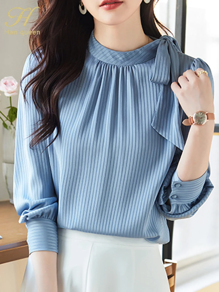 H Han Queen Simple Spring Elegant Blouses Womens Loose Casual Vintage Shirts Office Long Sleeve Tops Korean Reviews Many Clothes