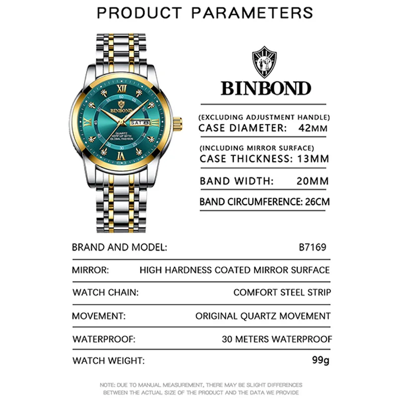 BINBOND Hot New Luxury Orologio da uomo di moda Impermeabile Luminoso Settimana Data Orologio sportivo Uomo Business Orologio al quarzo Relogio Masculino