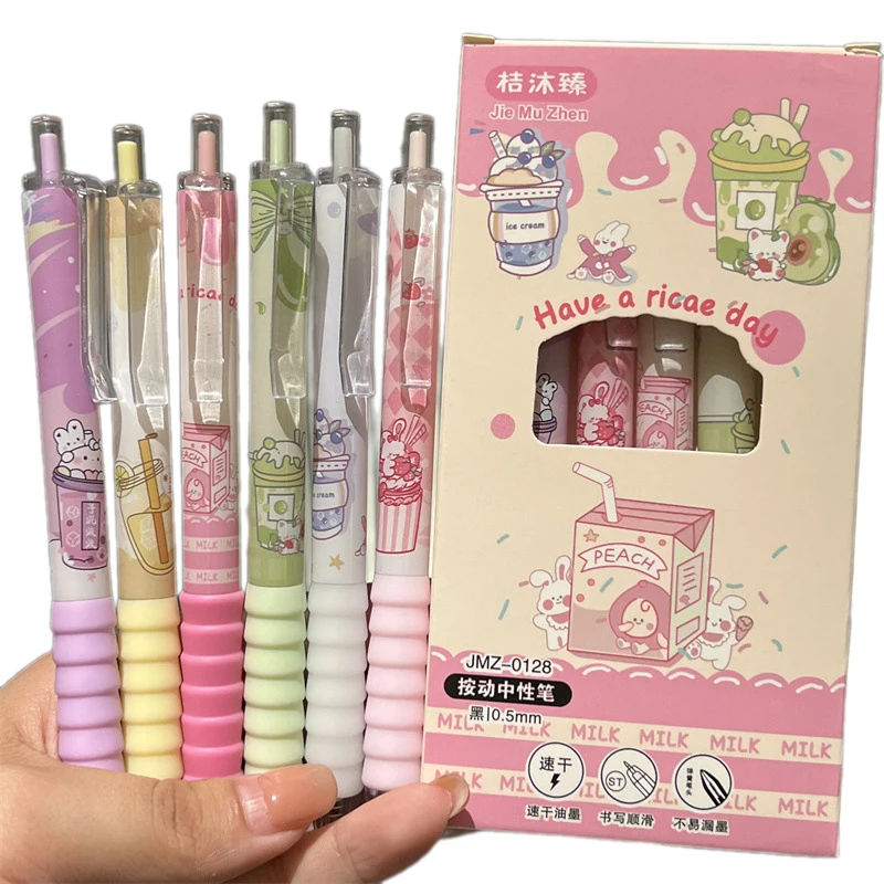 Stylo gel de dessin animé Kawaii, 6 pièces, 0 Stylo lisse d'écriture à encre noire à séchage rapide, fournitures de bureau pour étudiants, cadeau de papeterie, 5mm