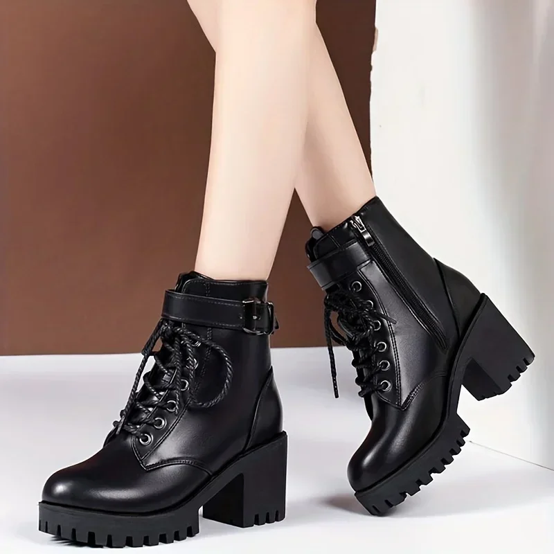 2024 Women\'s Solid Chunky Heel Boots Fashion Lace Up Shoes for Women Side Zipper Boots Stylish Buckle Strap Detailed Ankle Boots