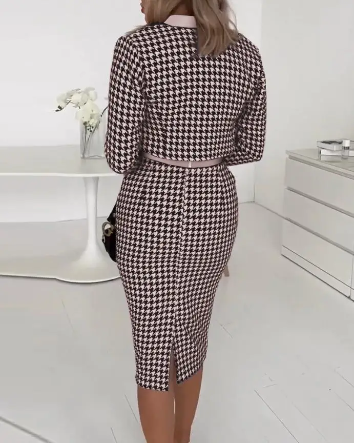 Autumn Three Piece Dress Suit Womens Outifits 2023 Fashion Houndstooth Print Tank Top & Elegant Skirt Set with Zipper Fly Jacket