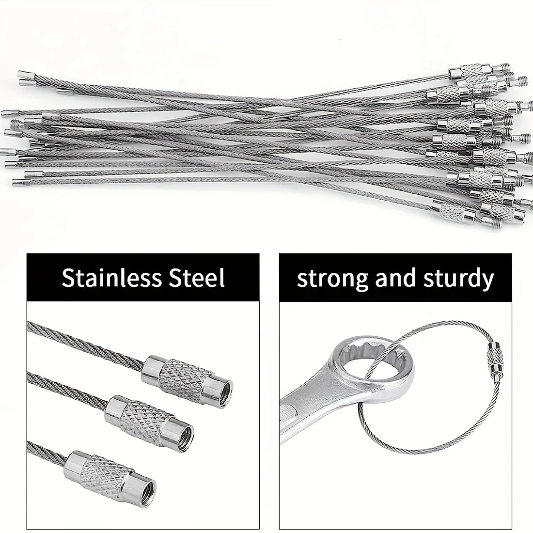 10 PC Wire Rope Stainless Steel O-shaped Buckle 1.0 1.5MM Rubber-Coated Keychian Circle Card Keyring Luggage Tag Accessories