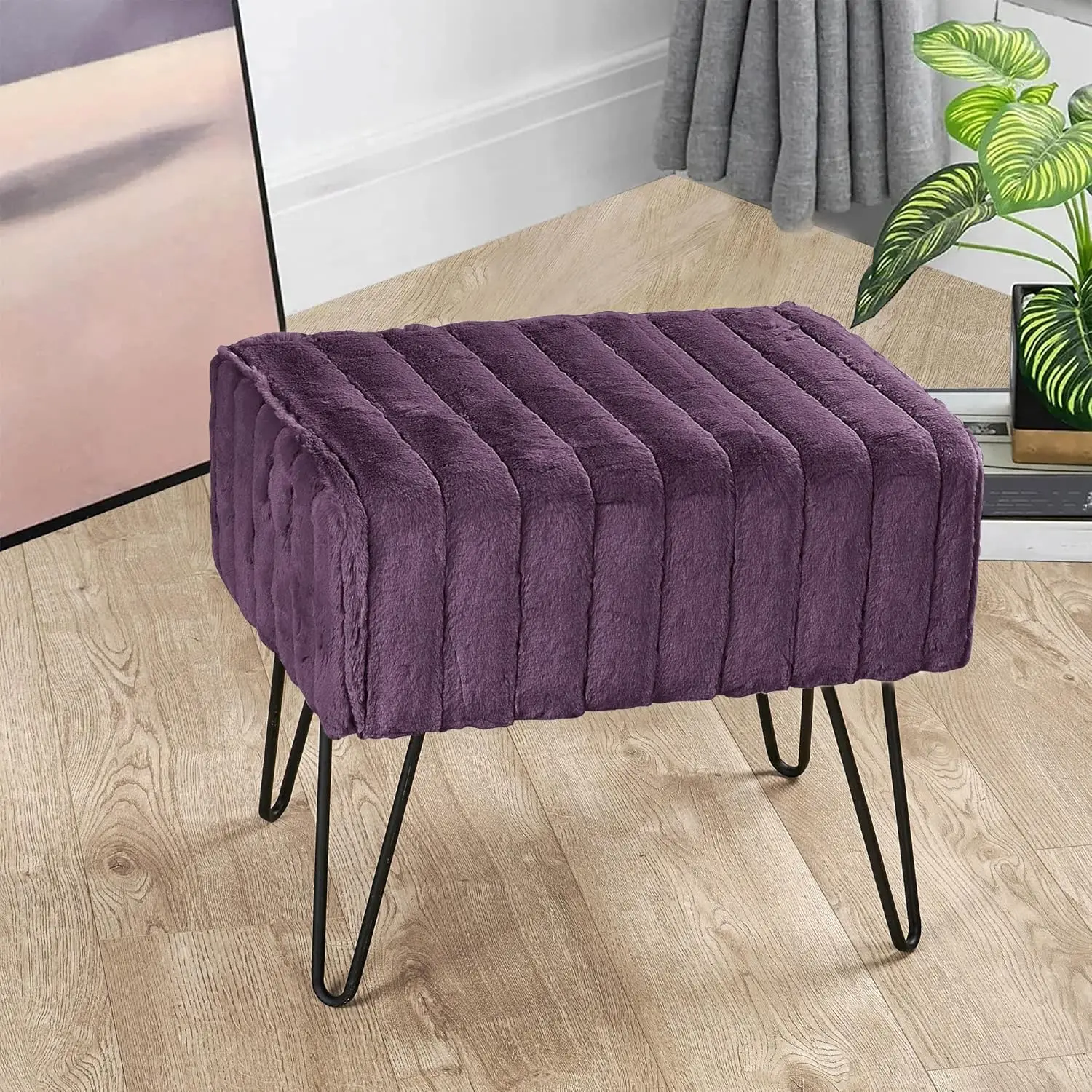 

Dark Purple Mink Ottoman Entryway Bench, 19.5""X12.5""X17""H Comfy Furry Makeup Stools With Metal Legs Foot Rest Sturdy Foot