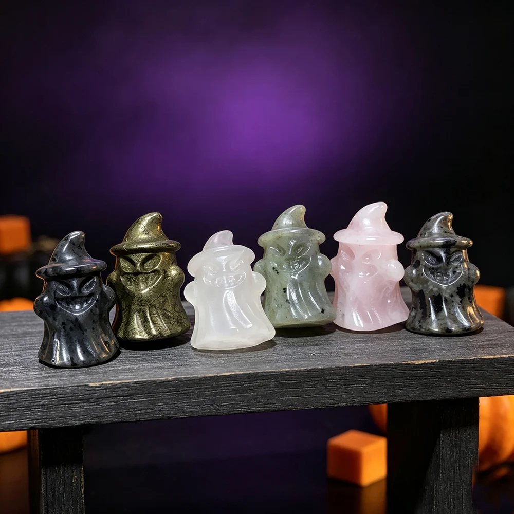 Halloween Ghost Wizard Statue Natural Rose Quartz Pyrite Labradorite Polished Crystal Healing Decor Gift