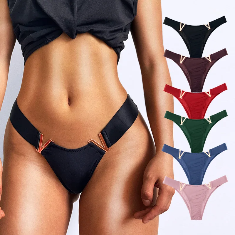 

European and American sexy V-shaped metal underwear sports hip-lifting low-waisted high-fork half-pack hip briefs women