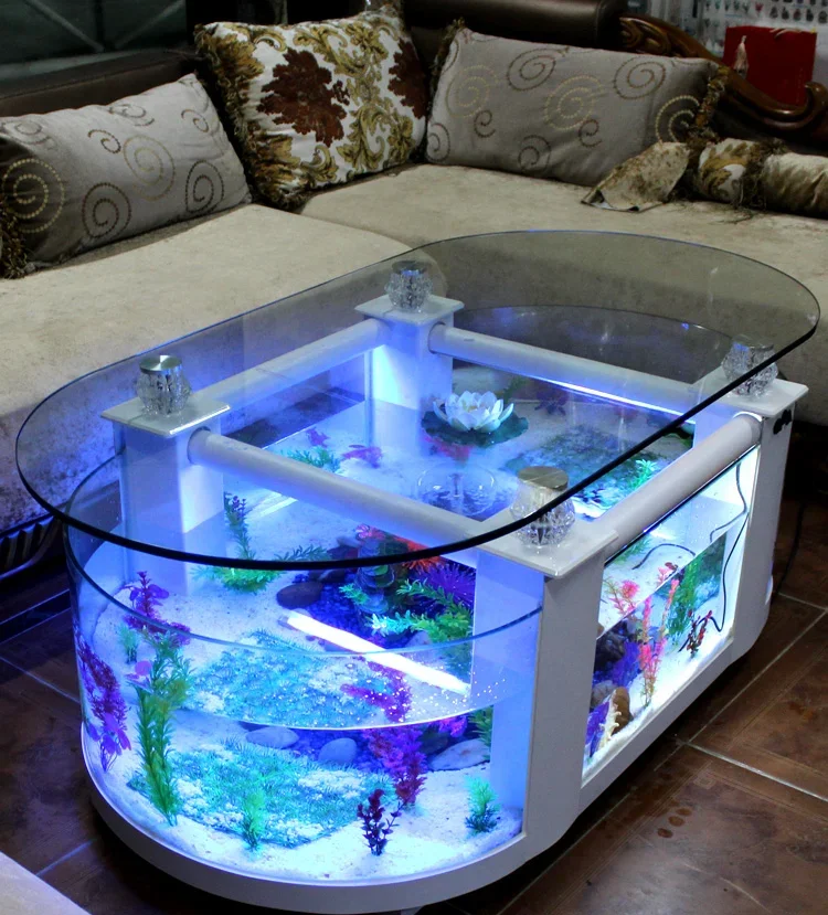 Large ecological coffee table, fish tank, living room, medium-sized TV cabinet