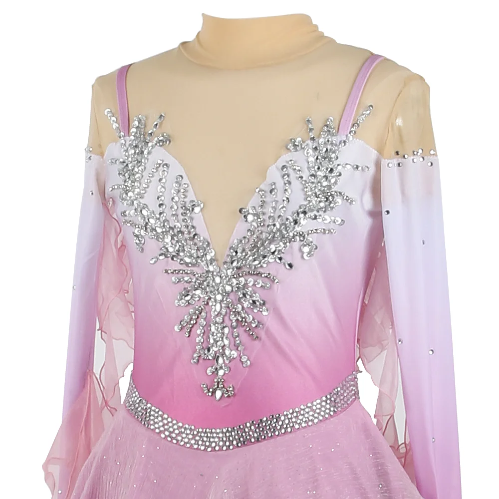 Custom Figure Skating Dress Light Pink Long Sleeved For Women And Girls Ice Skating Clothes Floating Sleeves With Rhinestones