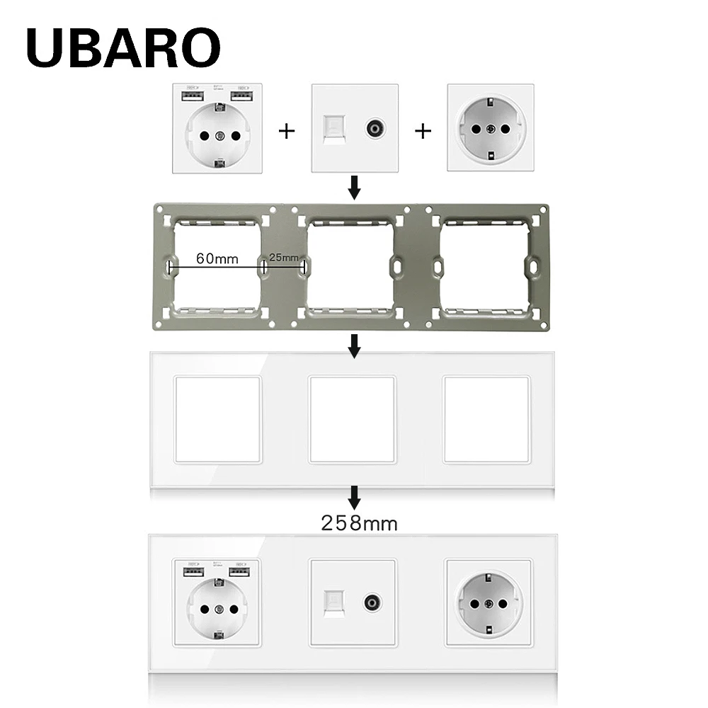 EU/FR/Universal Std 52*52mm White Touch Switch Socket TV RJ45 RJ11 Module Tempered Glass Panel Flame Iron For Square Box Diy