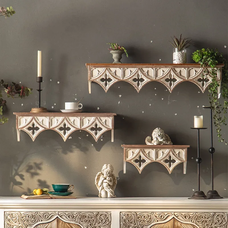 American retro carved wall shelf shelf solid wood decorative frame living room coffee shop wall decoration wall  bracket