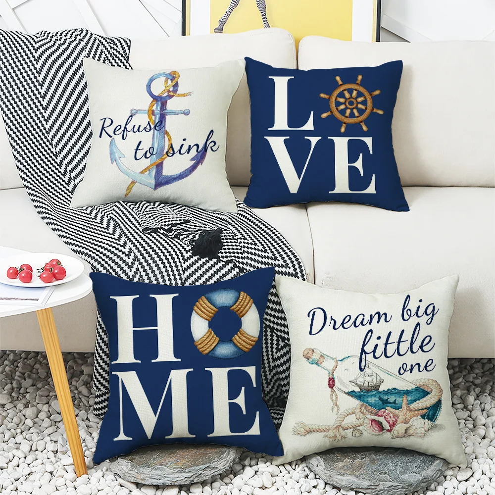 Summer Marine Style Cushion Cover 45x45cm Linen Pillowcases Boat anchor Drift Bottle Letters Throw Pillow Case Blue Pillow Cover