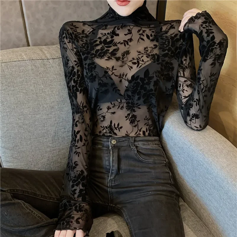 Size M-XXXL Transparent Flocking Mesh T-shirt Women Turtleneck Slim Long Sleeve T Shirts Girls Elastic Tops Tees Shirts