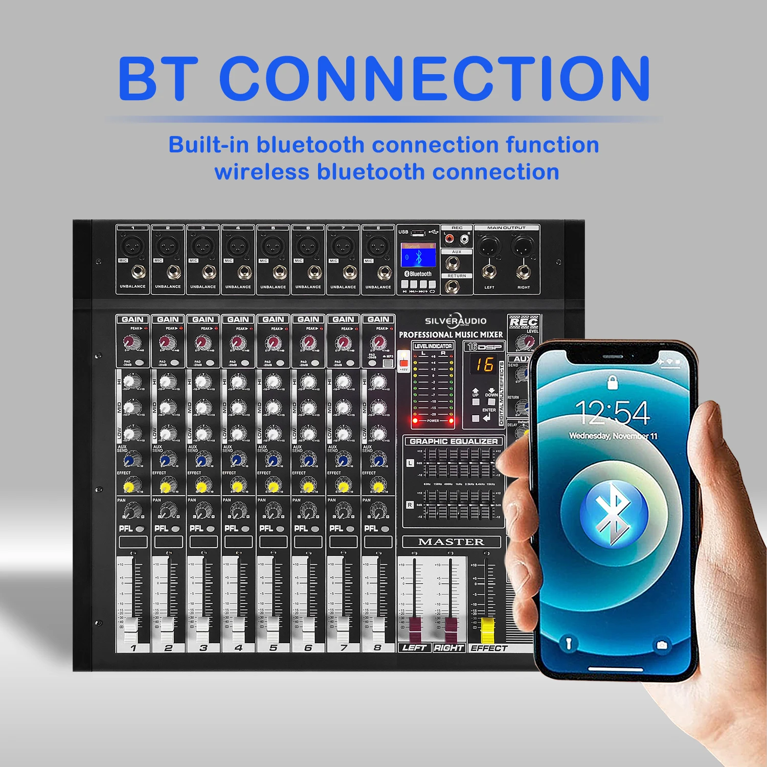 GAX-PMX8 Professional 500W Audio Mixer +48V Phantom Power 16DSP Effects Blueteeth USB Computer Play Recording Power Mixer