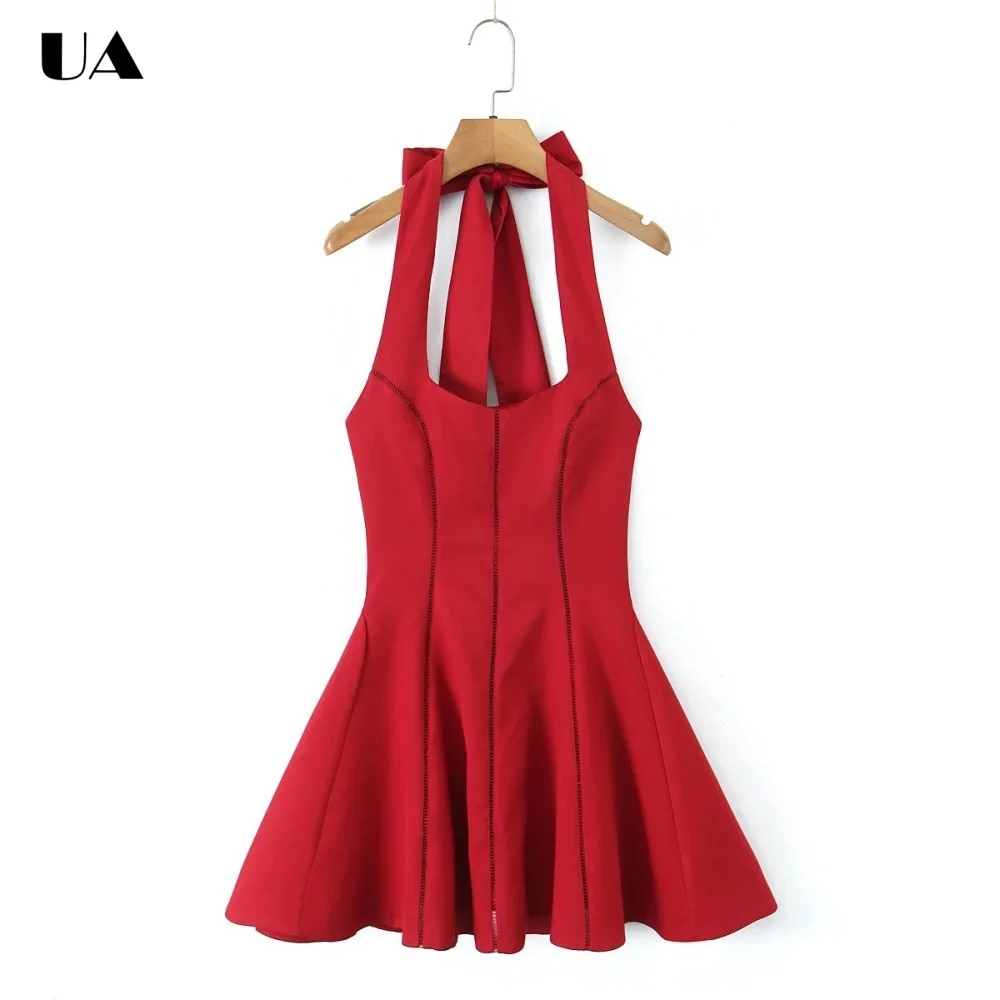 

Trendy Solid Fit-and-flare Tied Halterneck Mini Dress, Hotsweet Backless Short Dress for Woman, Fashionable Sleeveless Dress