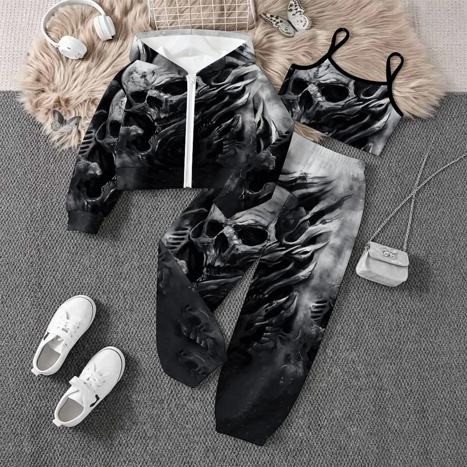 Daily Pants Children's Jogging Pants Casual Pants Autumn Winter Girls' Printed Three Piece Fashion Coat All Hallows' Day Vest