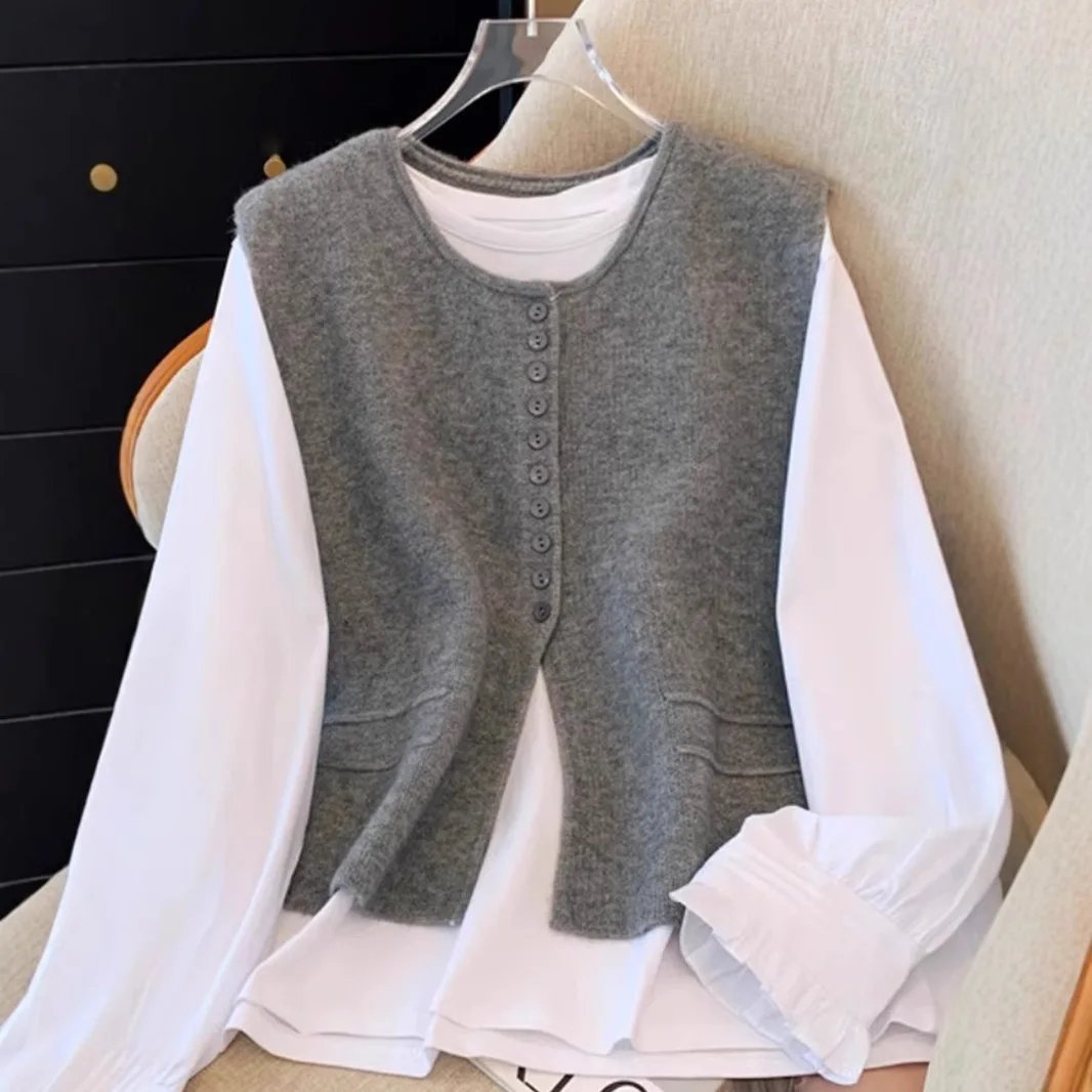 

Модный круглый вязаный жилет однотонного цвета для женщин, новинка ранней весны, универсальный, с вязаными накладками на плечах, из полиэстера.