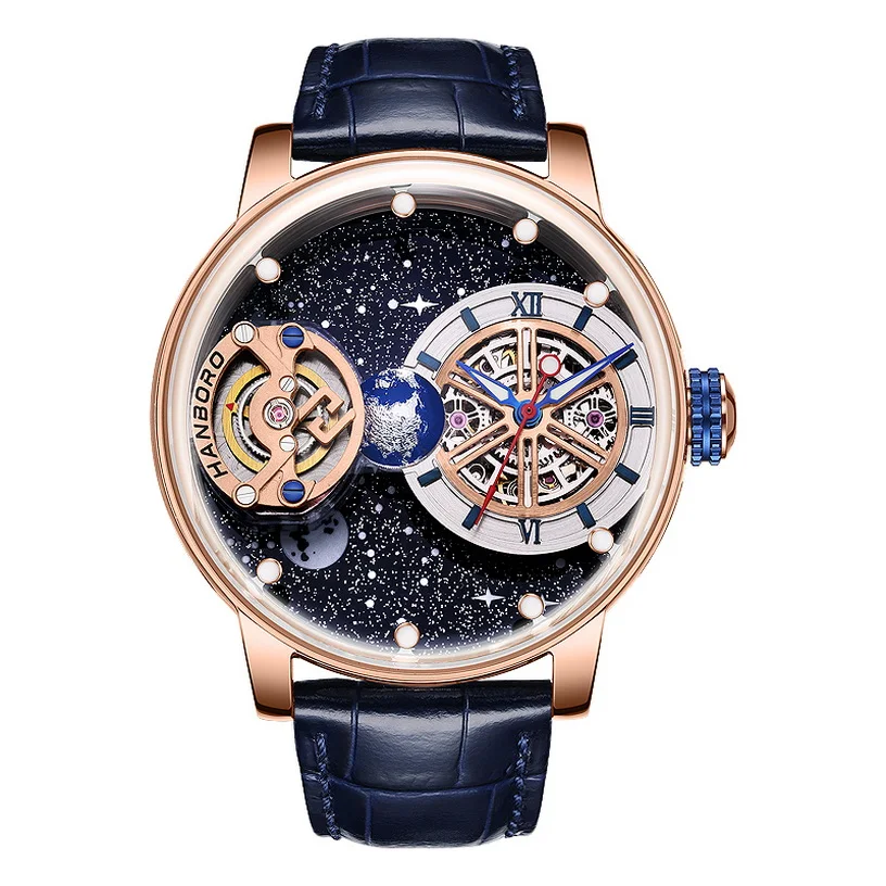 HANBORO Men Automatic Watch 44mm Mechanical Wristwatch 5ATM Rotatable Backgroud Luminous Cosmic Celestial Body Dial