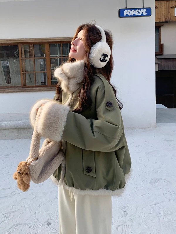 

Thiened Fluffy Parka Coat Women's ort Sle Winter Outerwear Military een Double-Sided Design Warmth Faionable Jaet