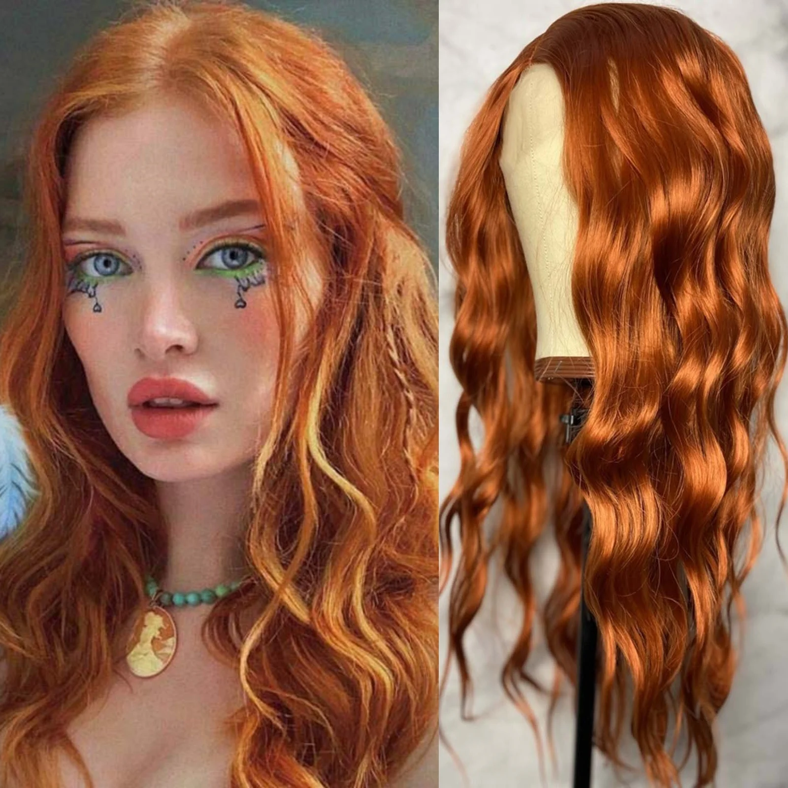 

13X4 Ginger Wig Long Wavy Synthetic Lace Front Wig Orange Colored Natural Curly Hair Lace Frontal Wigs for Women Party Cosplay