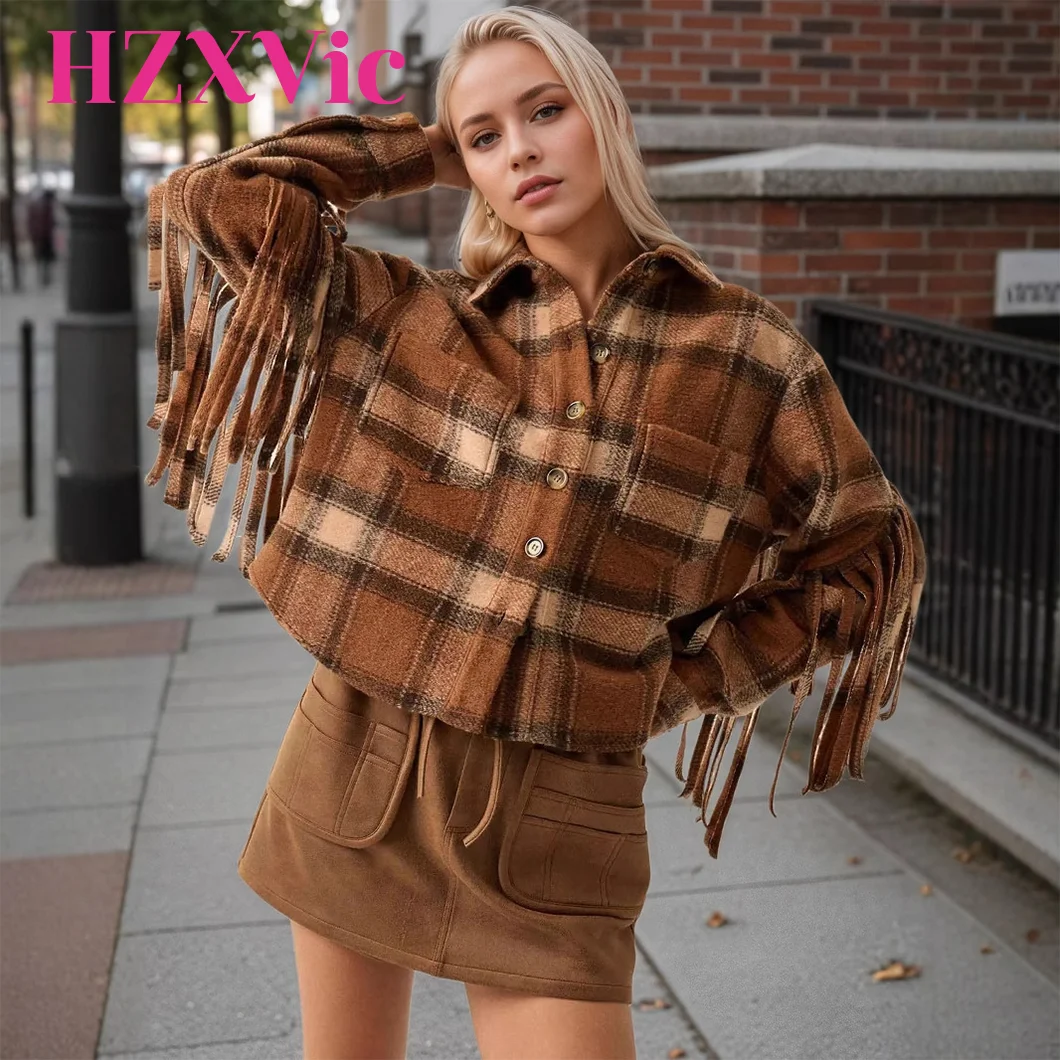 

HZXVic женская клетчатая рубашка в стиле ретро с боковой кисточкой, шерстяная куртка с длинными рукавами, короткая рождественская тема верблюжьего цвета