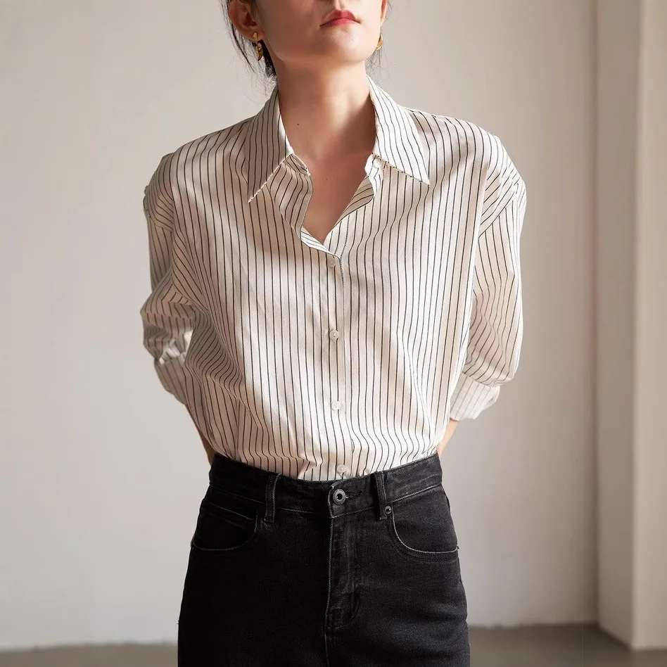 

Women's striped shirts 2026 Spring Autumn Striped Shirt Niche Design Cotton Casual Office Wear Long Sleeve Blouse