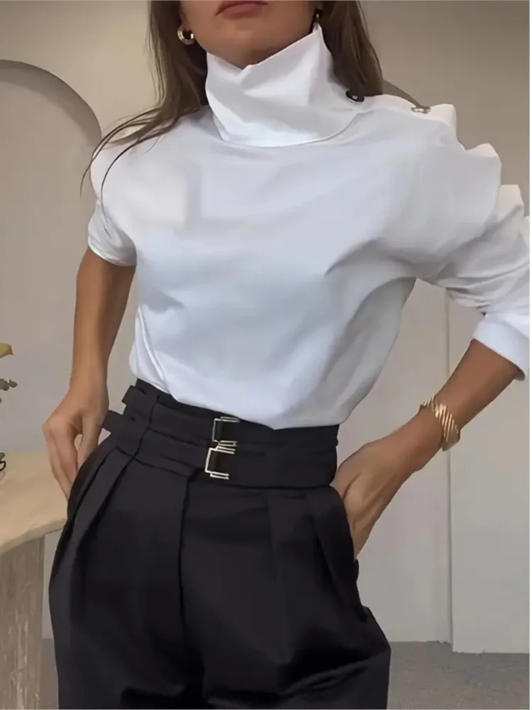 

Female Elegance White Office Top Spring Simple Style Sexy Button Shoulder Exposed Shirt Ladies Temperament Long Sleeves Blouses