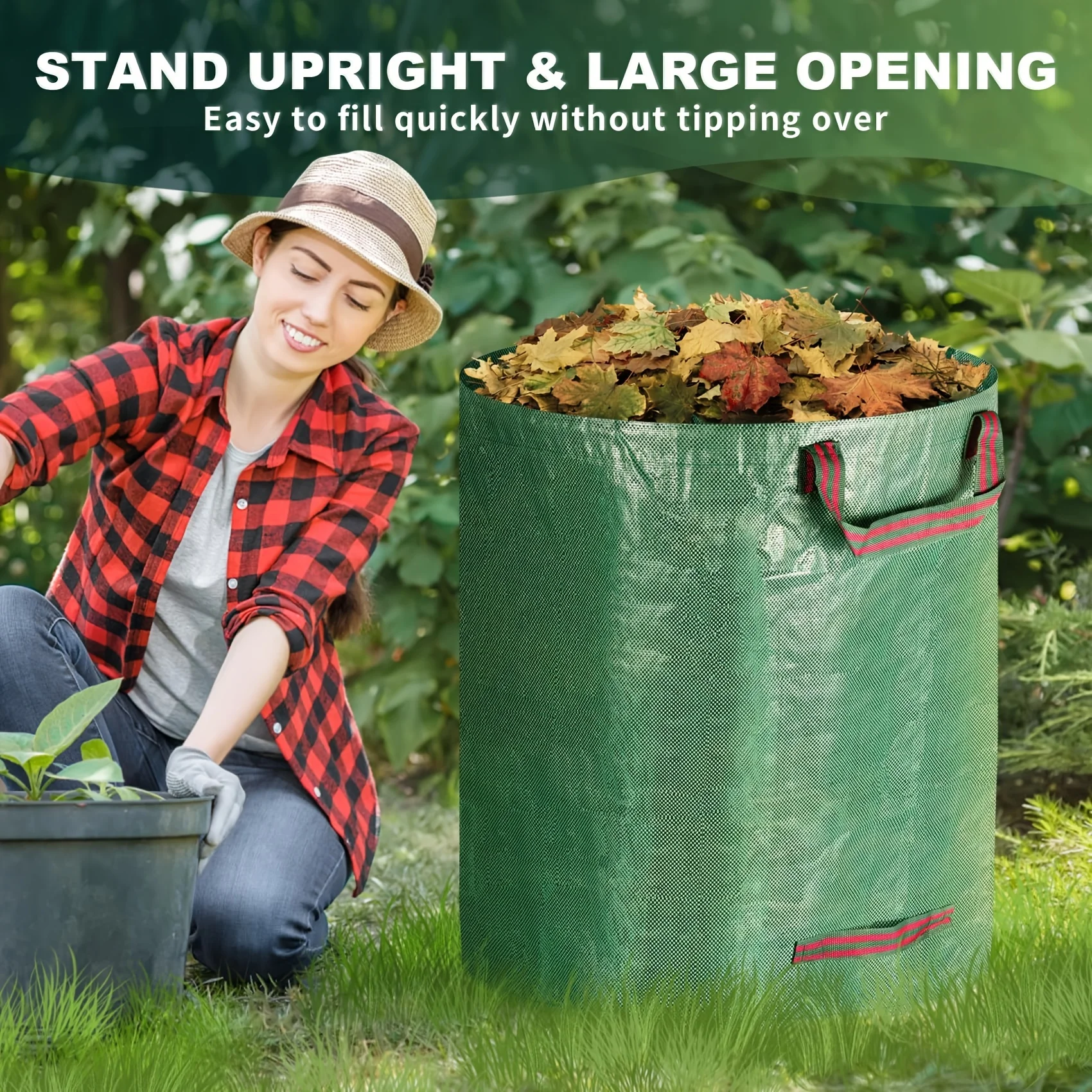 Leaf collection bag with lid, shoulder strap, and drawstring - reusable, suitable for leaf and lawn litter, yard cleaning