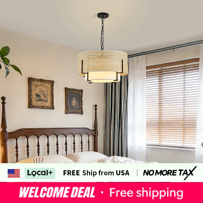 Farmhouse Boho Rattan Chandelier Pendant Light