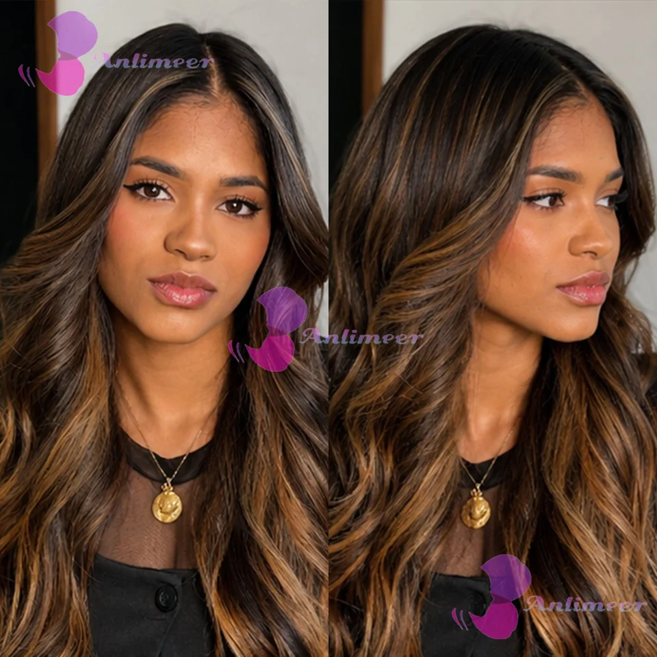 Perruques Full Lace 13x6/360 avec nœuds blanchis, ondulées naturelles, brésiliennes # Perruques en cheveux humains avec mèches balayage 4/30 et closure en soie 5x5