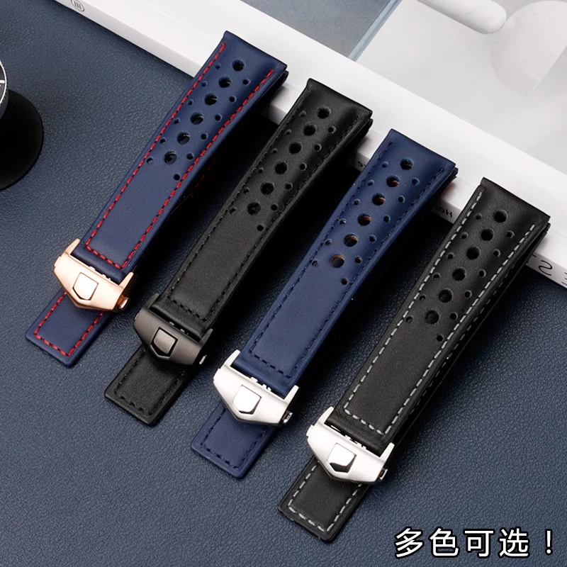 Pulseira de couro respirável 22mm para tag heuer monaco carrera cbl2115 pulseira de relógio de couro masculino fivela dobrável pulseira