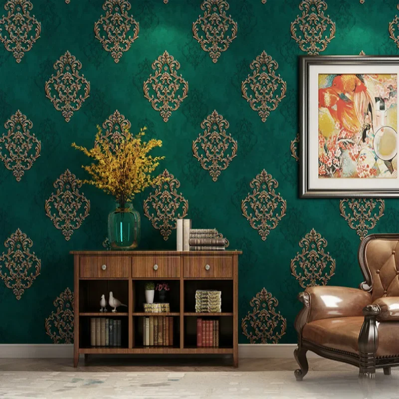 

European 3D Embossed Wallpaper Luxury Peacock Green Non-woven Wall Paper Living Room Home Background Wall