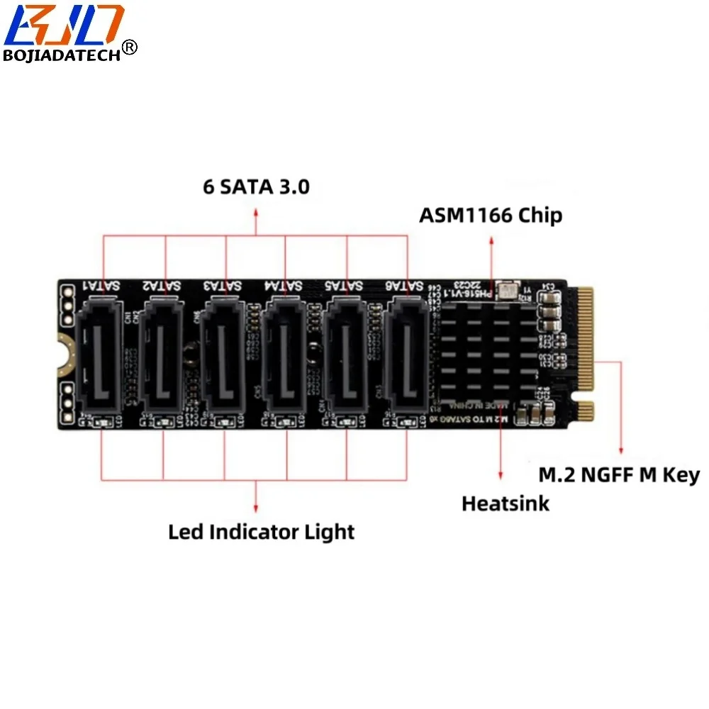 

2025 hot sale 6 SATA 3.0 Connector to NGFF M.2 PCI-E NVME Key-M Controller Expansion Riser Card 6Gbps ASM1166 With Heatsink