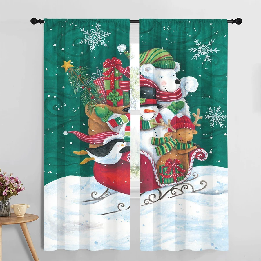 2PCS Christmas Winter Curtains, Penguin Sleigh, Digital Print, Bedroom Living Room Kitchen, Rod Pocket Polyester, Home Decor