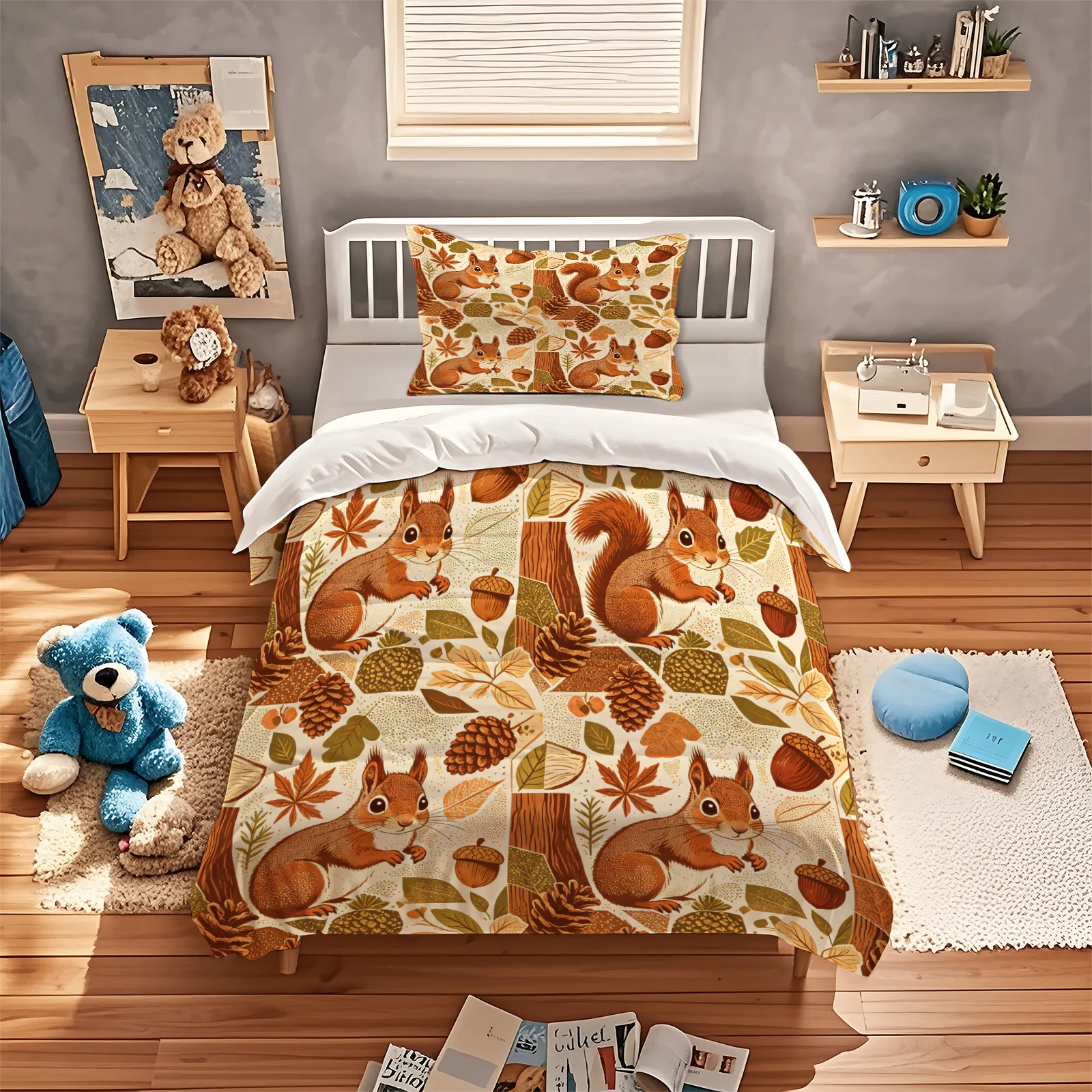 Vintage Patchwork Squirrel Duvet Cover Set Autumn Forest Acorn Pinecone Maple Leaf Print Bedding Set All Season Decor Bedding