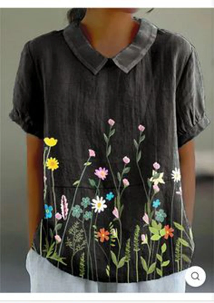 

Women's Short - Sleeve Lapel Linen Blouse with Hand - painted Floral Pattern