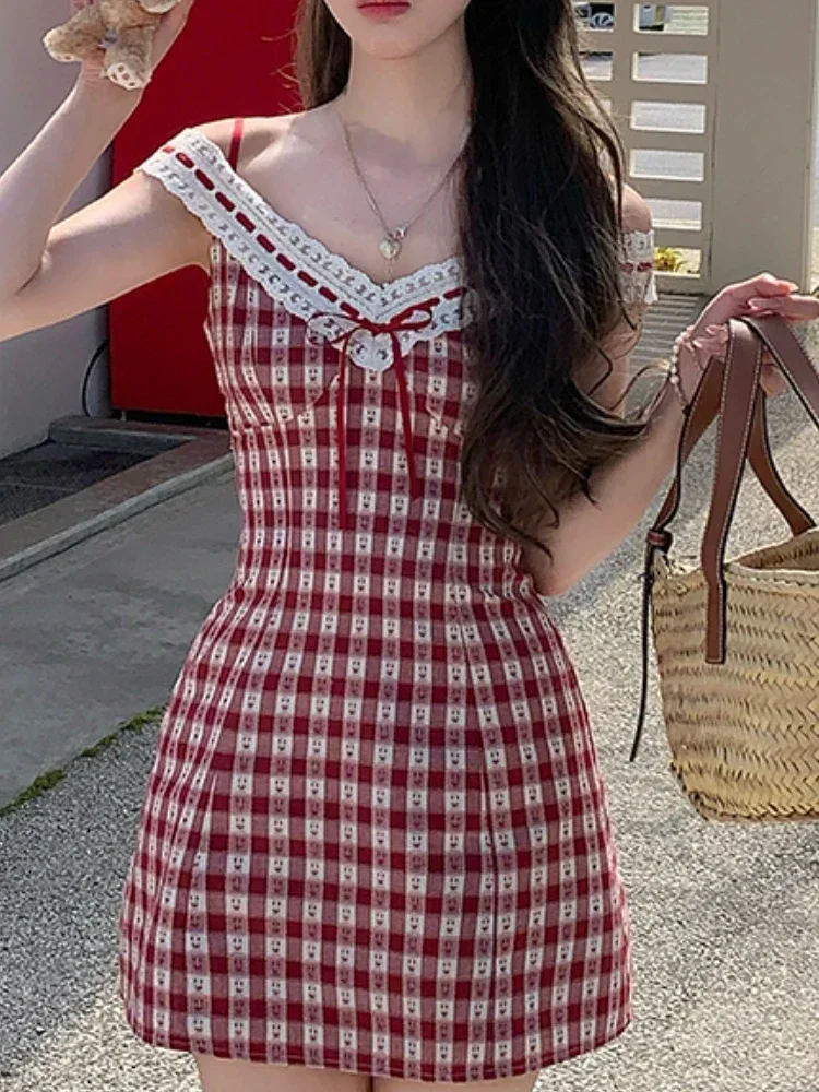 Japanese Plaid Kawaii Strap Dress Women Lace New Korean Casual Y2K Mini Dress Female V-neck High Waist Cute Clothes 2024 Summer