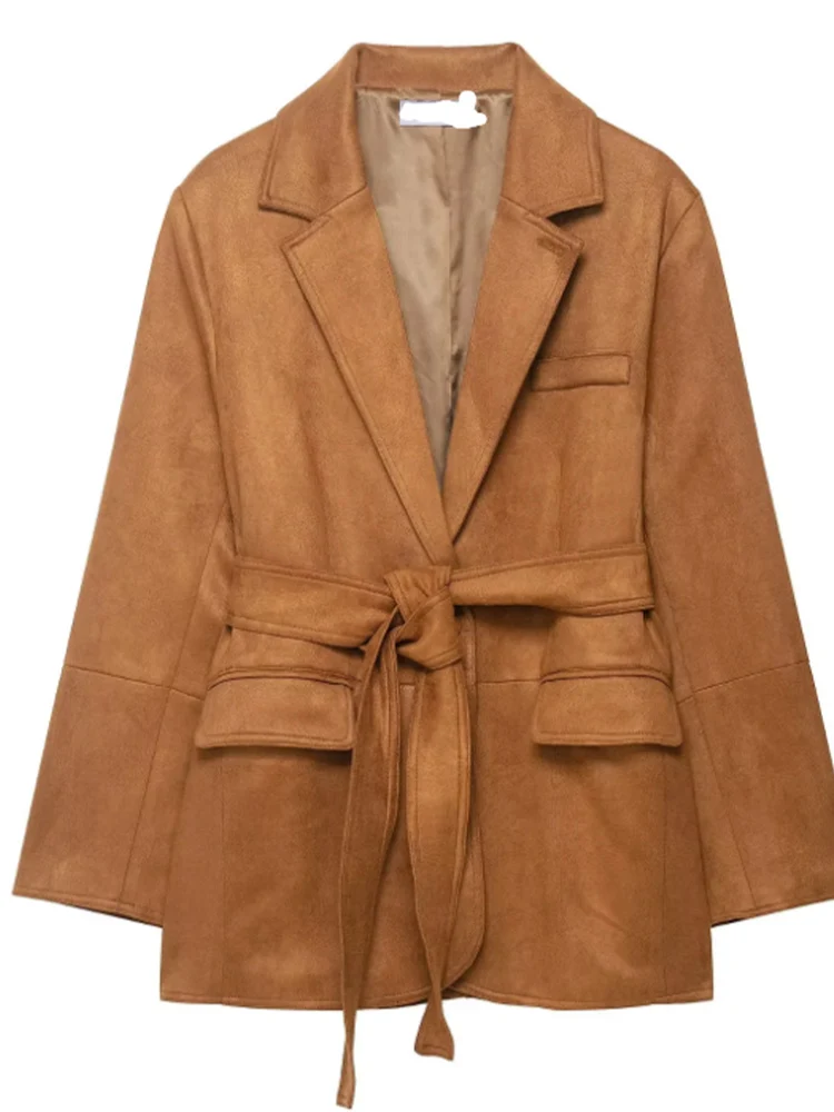 

Новое поступление в европейском стиле, женская мода, универсальный и элегантный однотонный замшевый пиджак с лацканами и поясом.