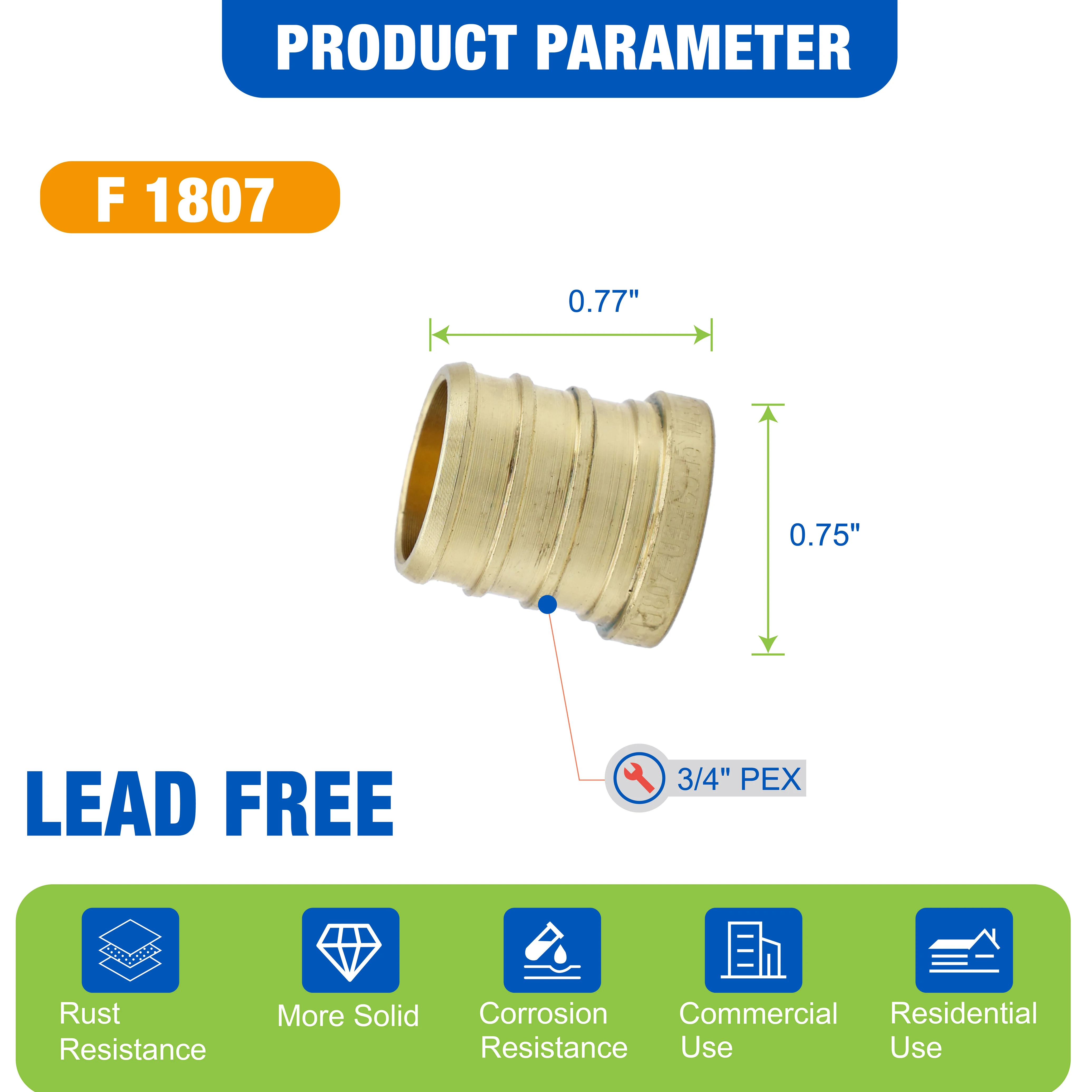 KING SMART Crimp/F1807 PEX 3/4" Enchufe PEX; Latón sin plomo; 25 unidades/caja; 80202