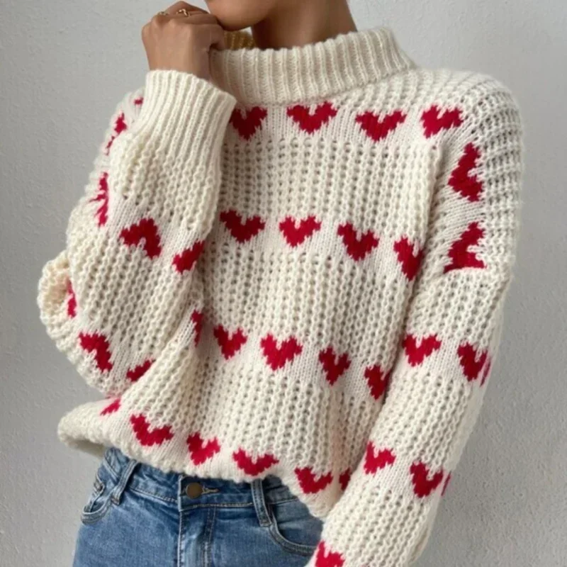 

2025 Autumn Winter Fashion Sweaters Women Comfortable Easy Matching Round Neck Knitted Sweater Loose Heart-shaped Jacquard Tops