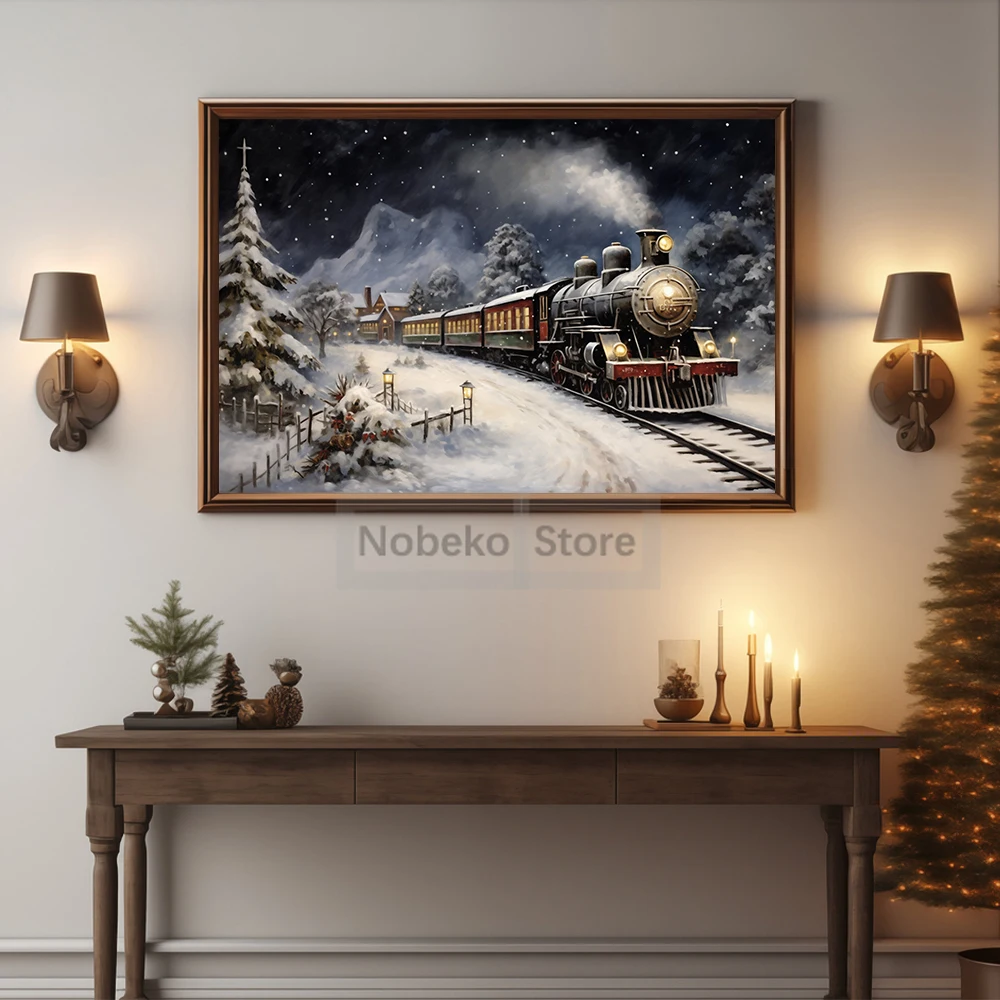 عيد الميلاد القطبية اكسبرس المشارك خمر الشتاء المشهد قطار عيد الميلاد يطبع حائط لوح رسم الفن غرفة المنزل العطلات ديكور
