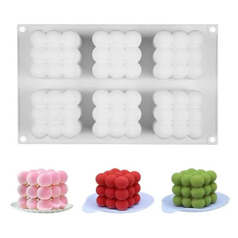 6 Cavities 3D Cube Baking Mousse Cake Mold Silicone Square Bubble Dessert Molds Cake Tray Kitchen Bakeware Candle Plaster Mould