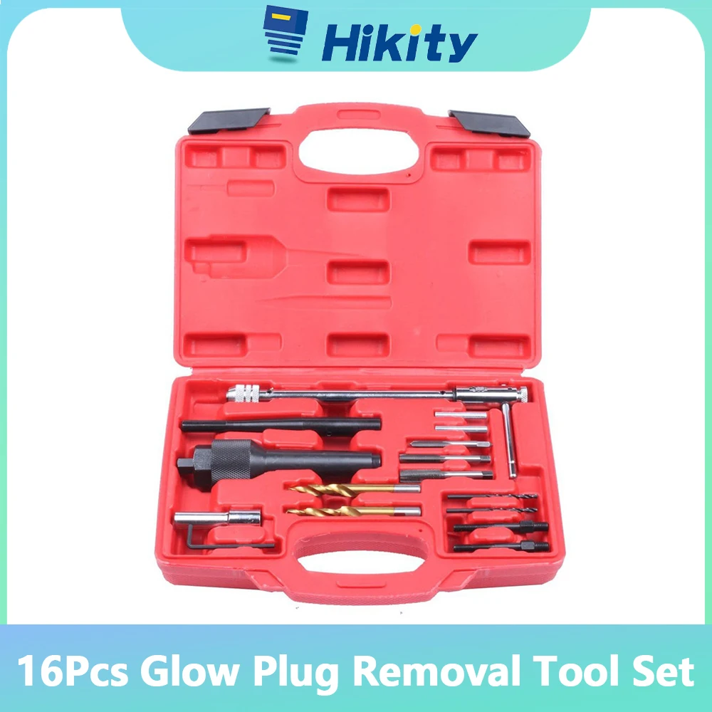 Hikity 16pcs Glow Plug Removal Tool 10mm Damaged Glow Plug Extractor Repair Tool Set for Cylinder Heads Glow Plug Remover Kit