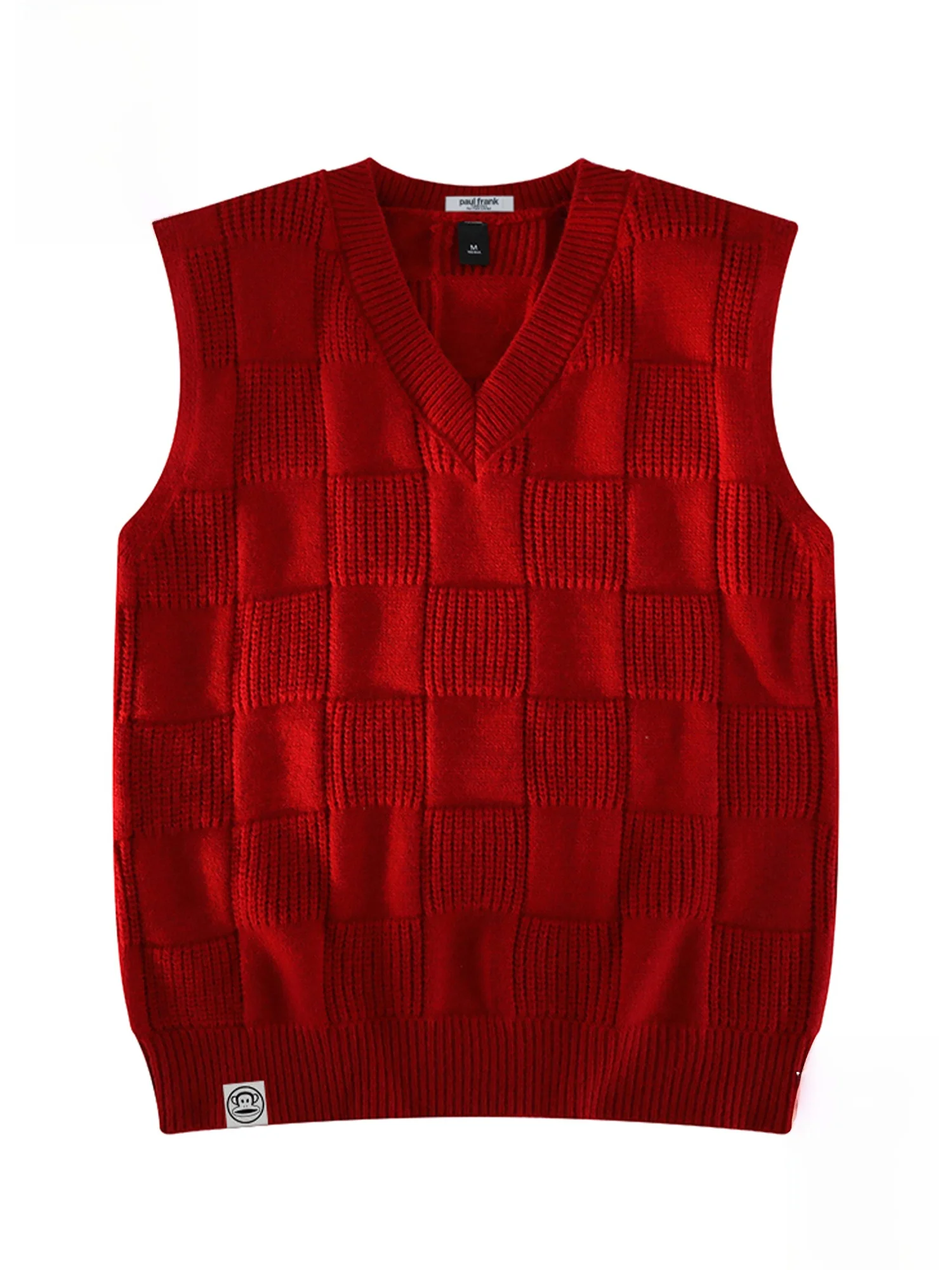 

PaulFrank Spring Luy Year Red Plaid V-Ne Knitted Sweater Men's Svel Vest Comfortable Soft Polyester Blend Casual Sle