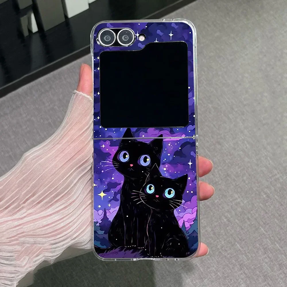 Artistic Black Cat Starry Clear Phone Cases for Samsung Galaxy Z Flip 5 ZFlip 6 Transaprent Cover for Samsung ZFlip 4 3 Fundas