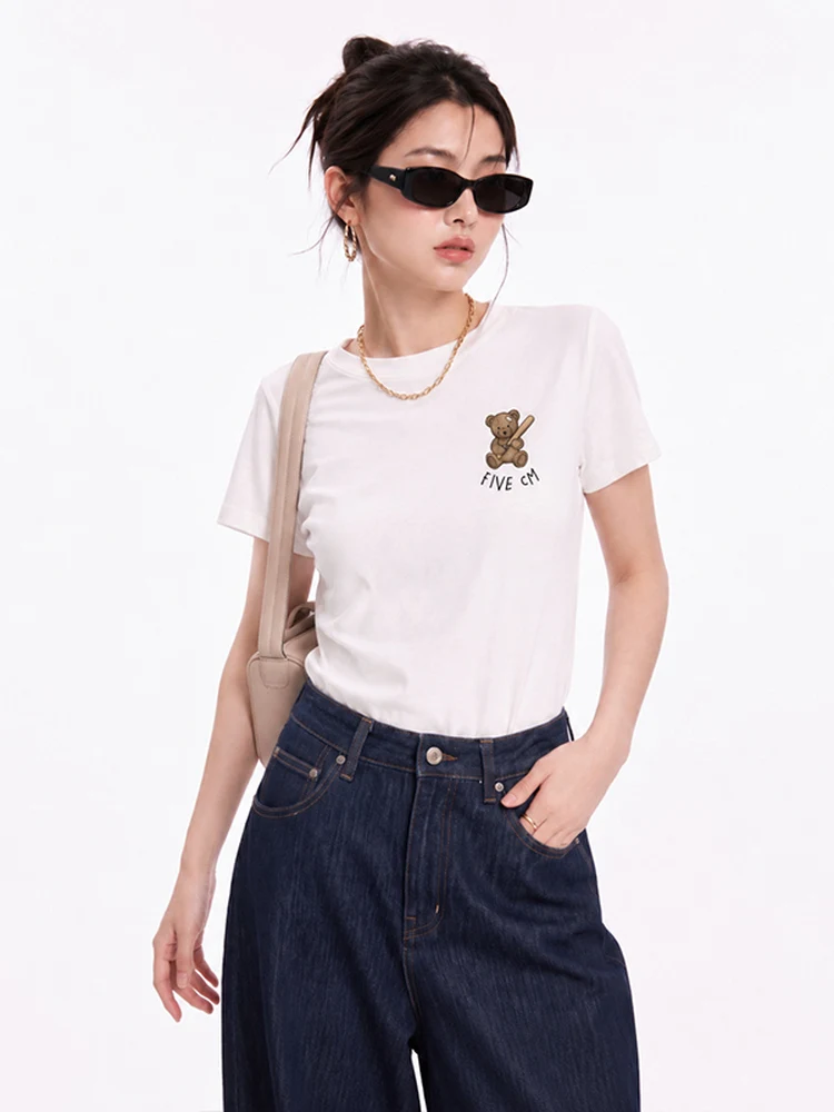Dark Bear Print Short Sleeve T-Shirt Women's Summer Sweet Cool Style Age Reduction Versatile round Neck Top FIVE CM